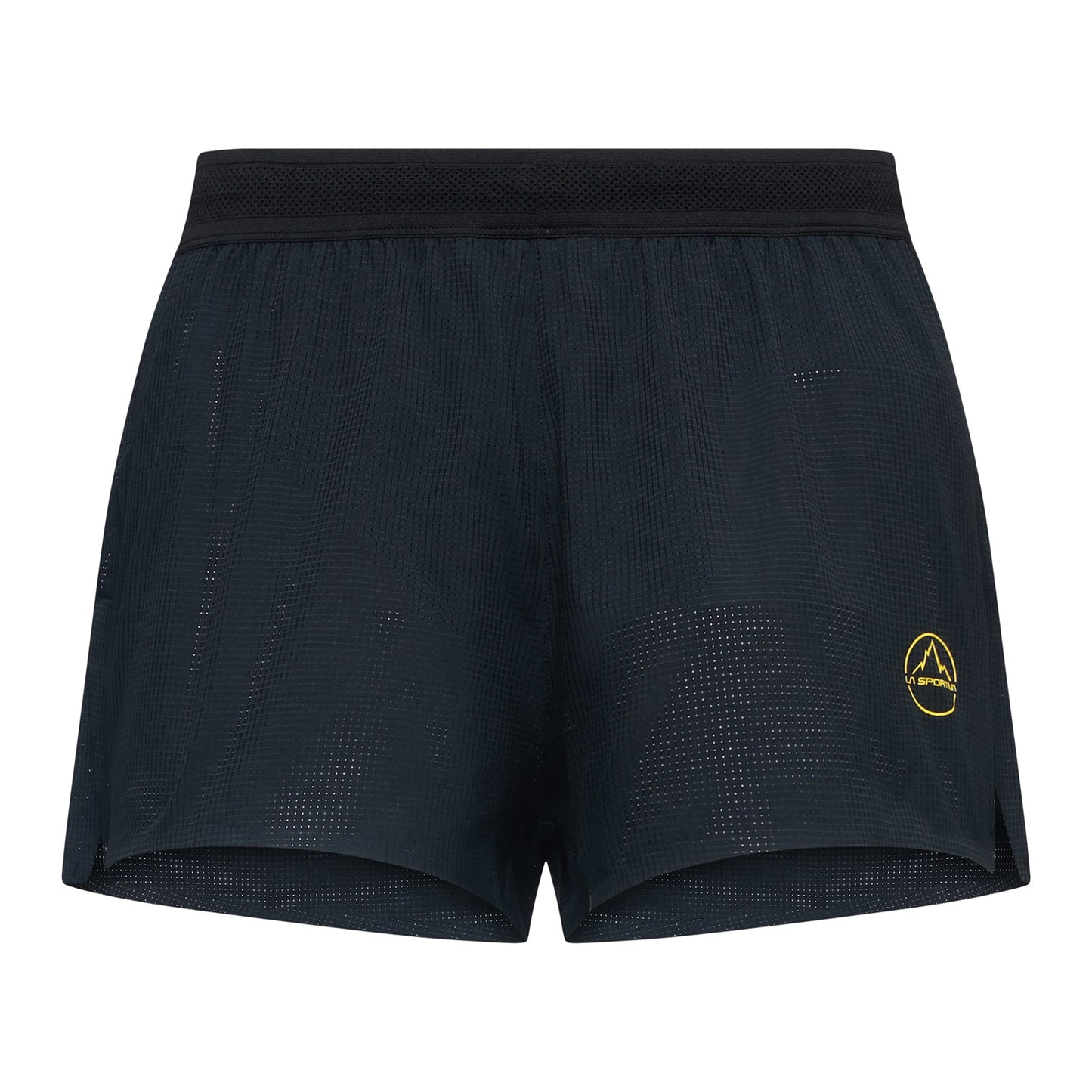 La Sportiva Pure 3 Inch Shorts Men's—black performance running shorts featuring a perforated fabric, wide elastic waistband, and a small yellow logo on the lower left leg. Made from recycled polyester and shown against a white background.
