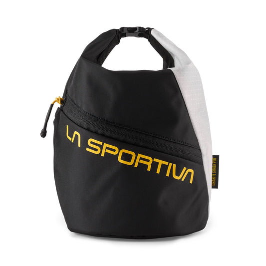 The La Sportiva Granite Chalk Pot is a black and white chalk bag made from recycled Robic fabric, with a zipper pocket, diagonal yellow logo on the front, and a yellow side pull tab.