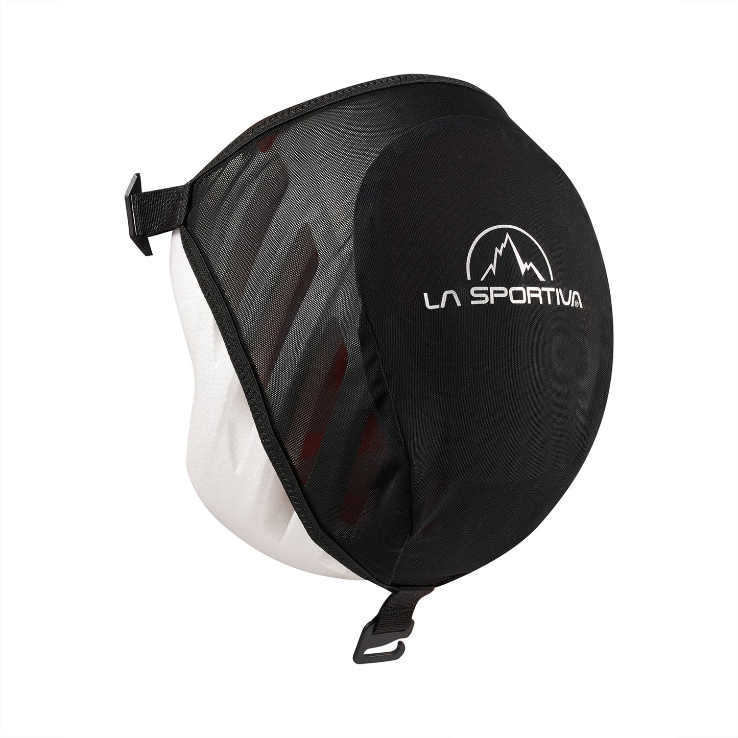 The La Sportiva Helmet Carry is a black and white cover with an adjustable strap, featuring the brand logo and a mountain graphic on the side.