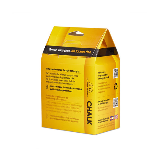 A bright yellow La Sportiva Chalk FL Medium box with black accents, English and French text, eco-friendly symbols, a top carrying handle, and visible brand and product info.