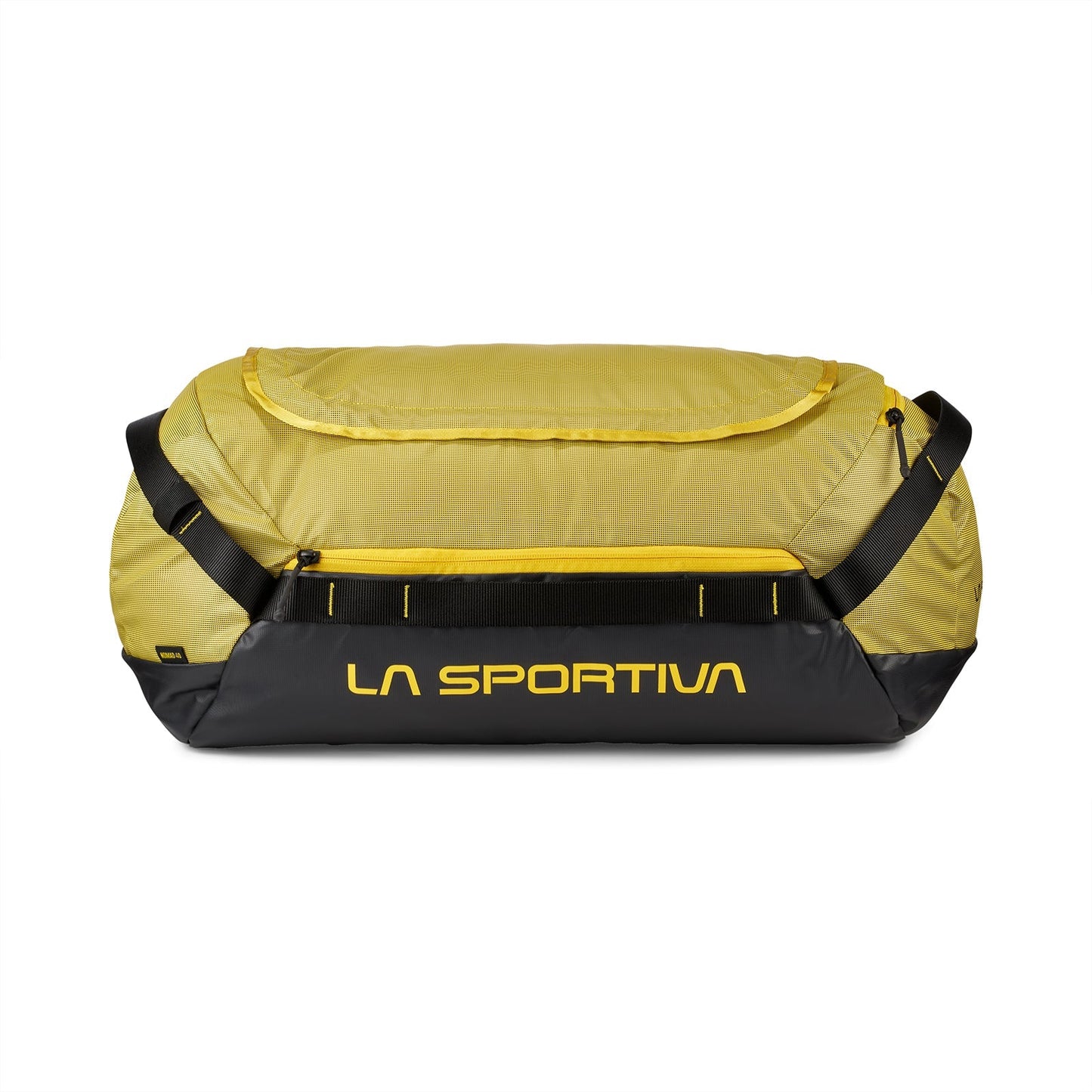A yellow and black La Sportiva Nomad 40 Duffel Bag featuring the brand name in yellow on the black base, displayed against a white background.