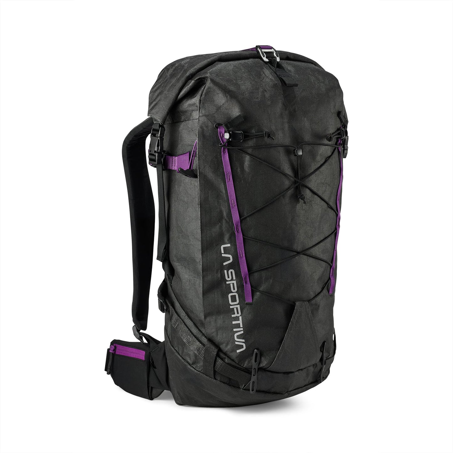 The La Sportiva Challenger 28 Backpack is black with purple accents, front bungee cords, adjustable shoulder straps, a padded hip belt, and "La Sportiva" printed vertically on the front left side.