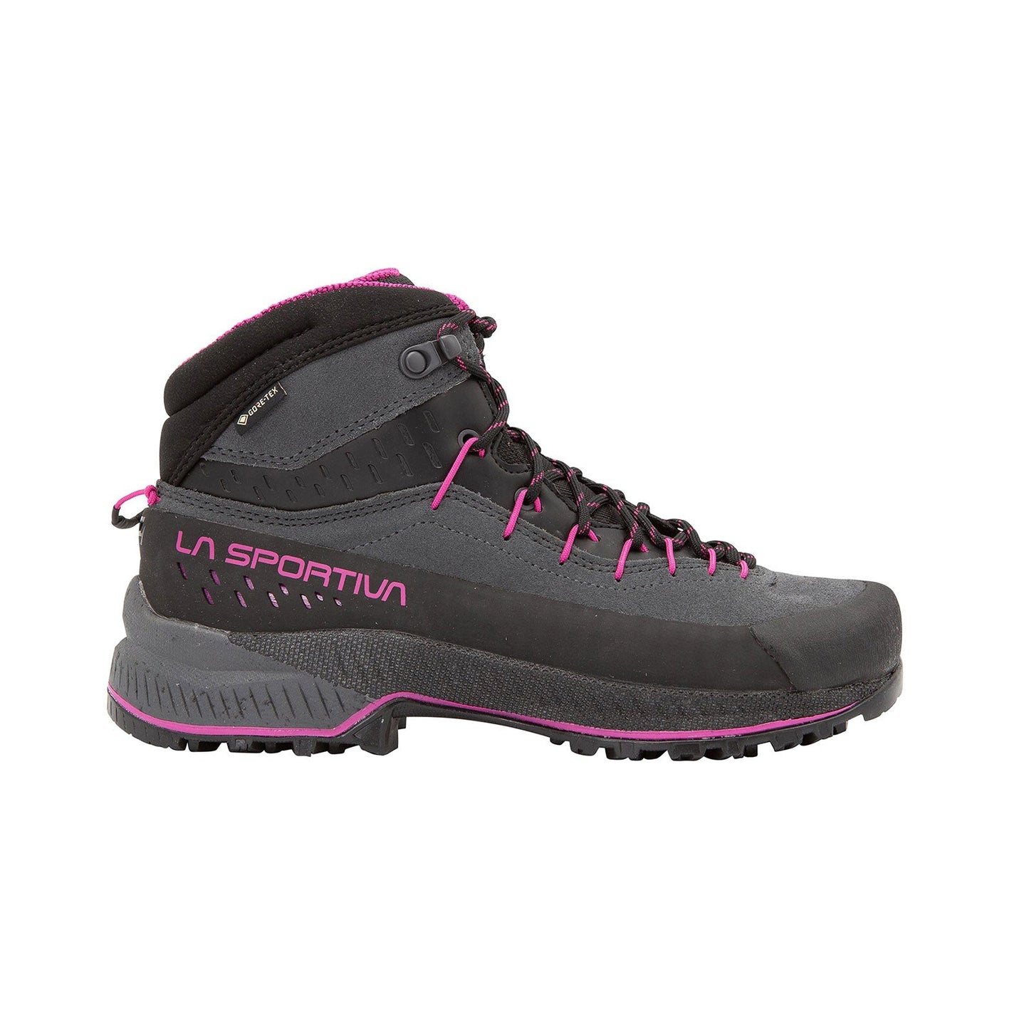 The La Sportiva TX4 EVO Mid GTX Women's shoe, in gray and black with magenta accents and laces, is shown on a white background displaying the La Sportiva logo on the side.
