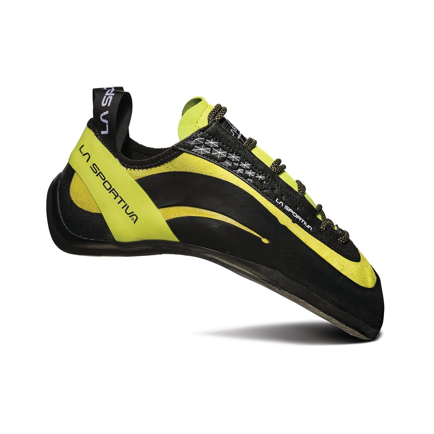 The La Sportiva Miura is a yellow and black performance climbing shoe with laces, notable for its curved, asymmetrical design and pointed toe, shown isolated on a white background.