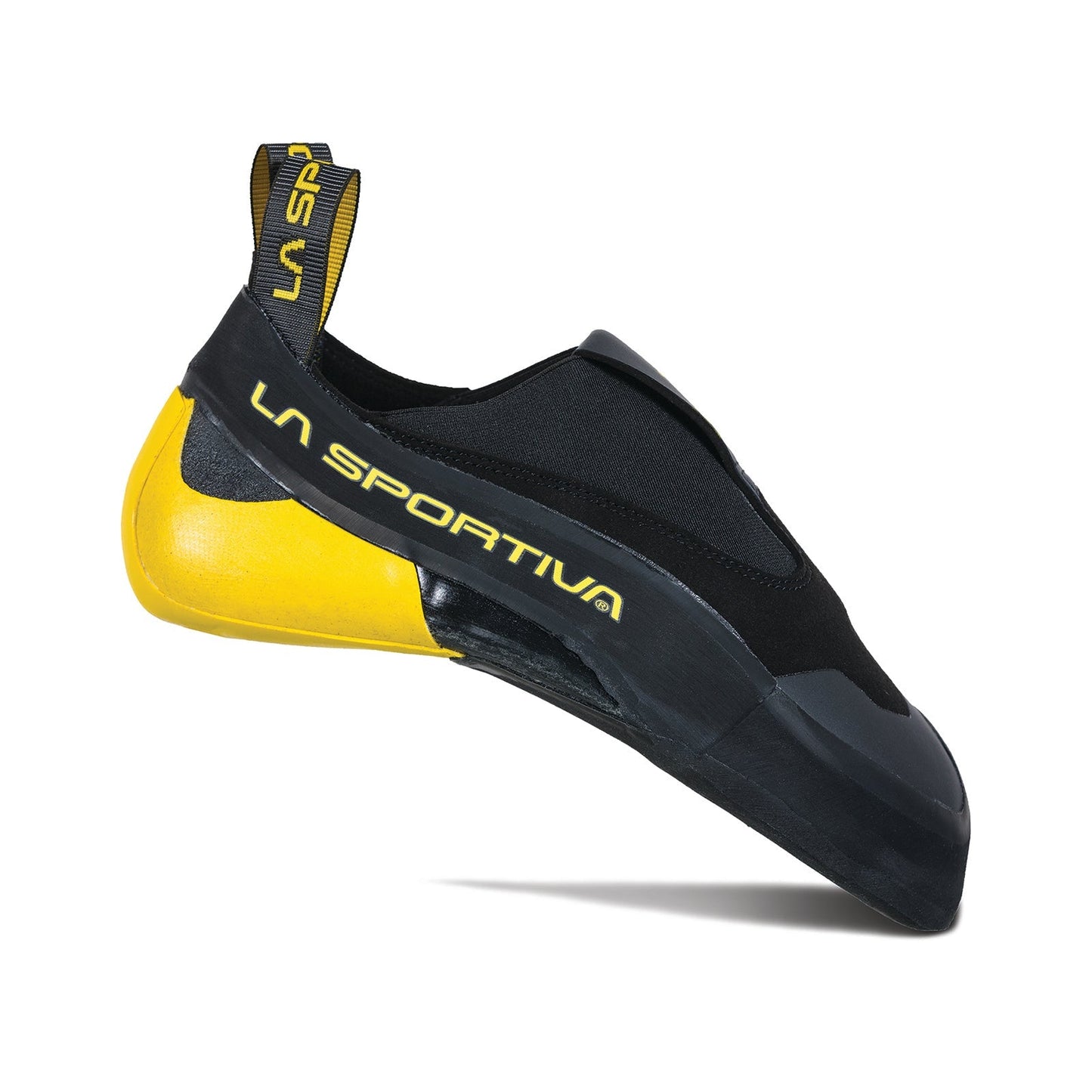 The La Sportiva Cobra 4:99 is a black and yellow performance climbing shoe with a slip-on design, featuring a Vibram XS Grip2 rubber sole and La Sportiva branding on the side and heel tab.