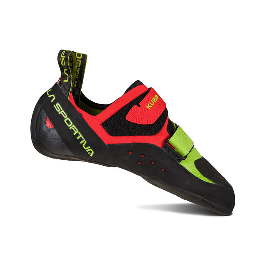 The La Sportiva Kubo climbing shoe in red, black, and green features Velcro straps, branding on the heel and side, a curved shape for bouldering, and a rubber sole for superior grip.