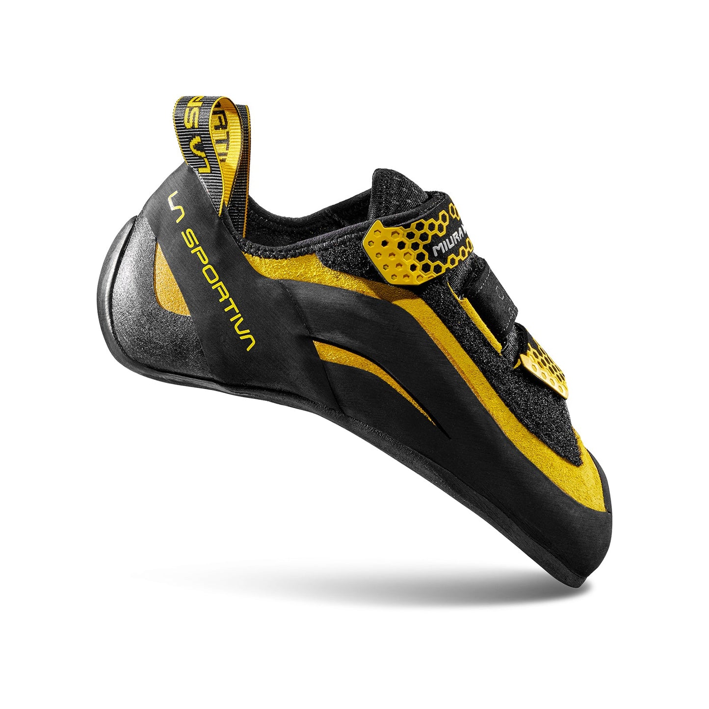 A side profile of the La Sportiva Miura VS climbing shoe in yellow and black, featuring two Velcro straps and a looped heel tab for precise edging, displayed on a white background.