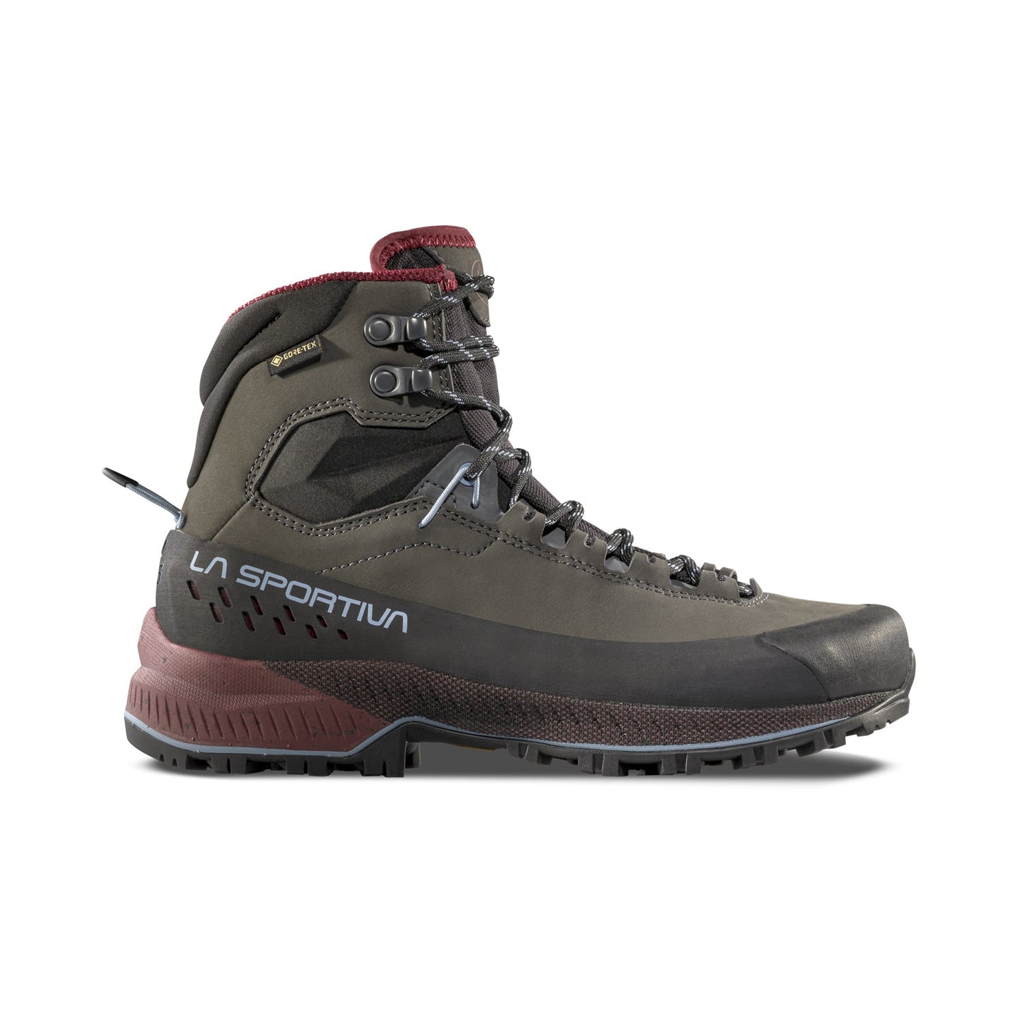 The La Sportiva TX5 EVO Mid GTX Women's hiking boot features a dark green and black design with red accents, Nubuck leather, Gore-Tex waterproofing, high ankle support, sturdy sole, metal eyelets, laces, rugged tread, and side branding.