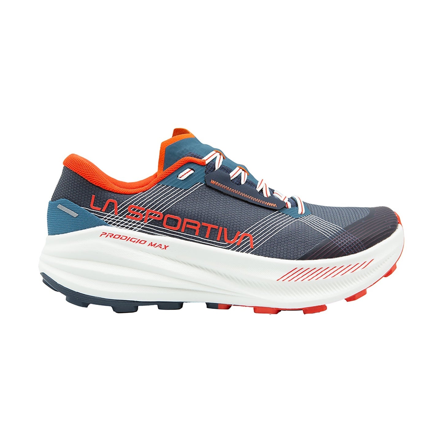 The La Sportiva Prodigio Max is a blue and gray max-cushion trail running shoe with orange accents, white laces, and a white sole—ideal for ultra-distance runs. The brand name appears in orange on the side.