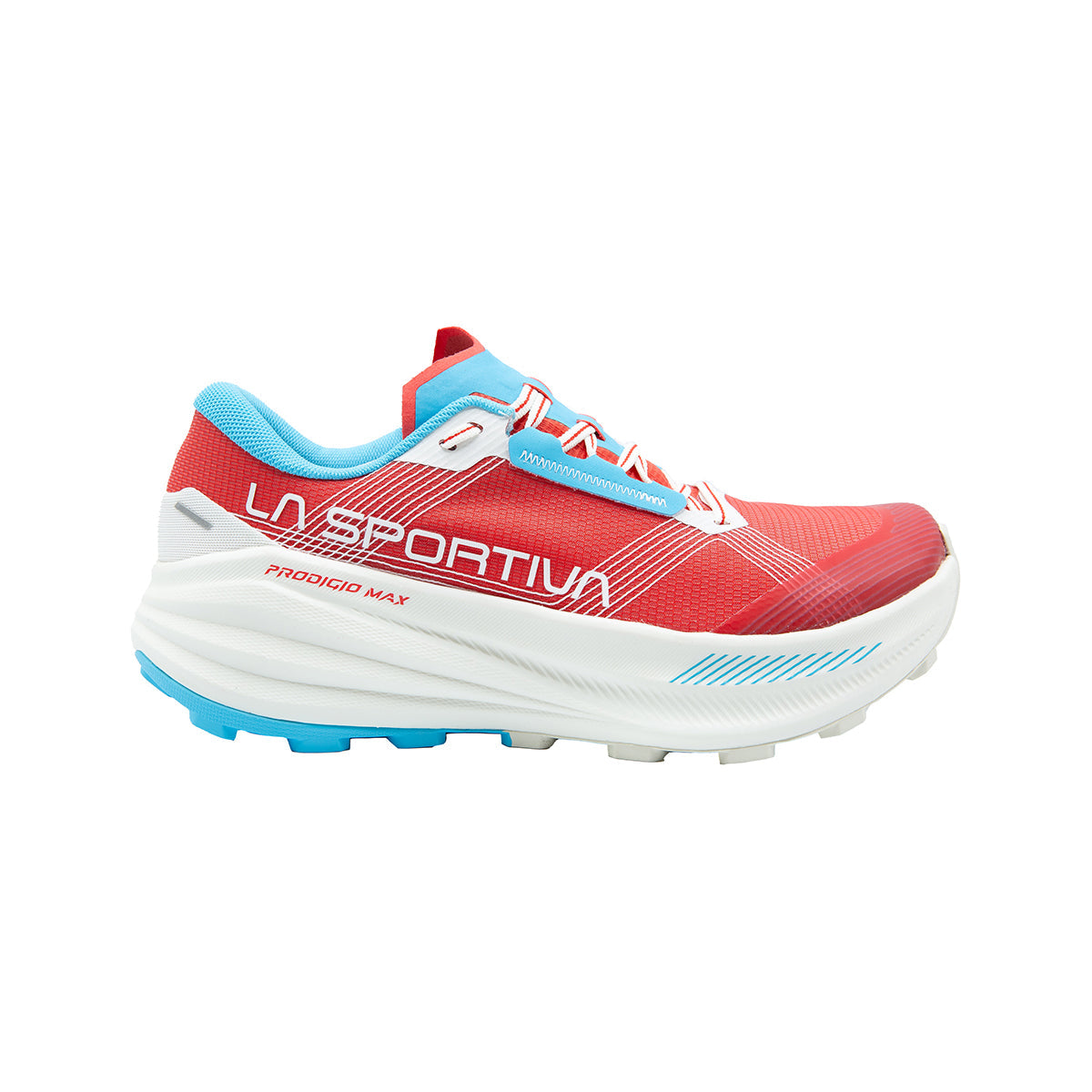 A La Sportiva Prodigio Max Women's running shoe in red, white, and blue with max-cushion support, white laces, a thick white midsole, and blue tread is shown in side profile on a plain white background.