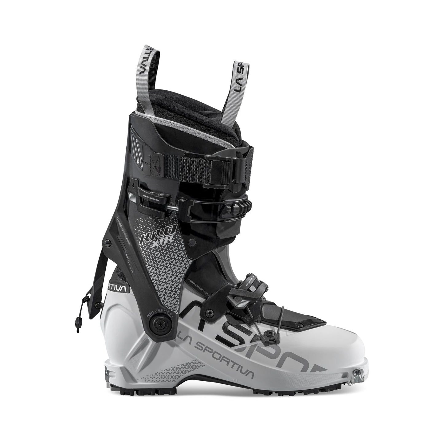 The La Sportiva Kilo XTR Women's ski touring boot, in silver and black, offers adjustable buckles and straps, a robust sole, high ankle support, and delivers top lightweight downhill performance.