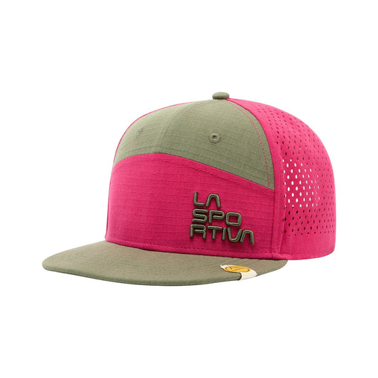 The La Sportiva Traverse Trucker is a crush-resistant two-tone baseball cap with an olive green brim and front, bright pink sides and top, perforated pink panels, sun protection, and green La Sportiva embroidery on the front.