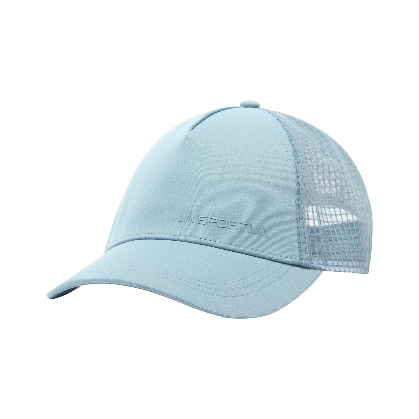 The La Sportiva Move Tech Hat is a light blue outdoor cap with a curved brim, cool sweatband, and white mesh back panels for ventilation—ideal for hiking.
