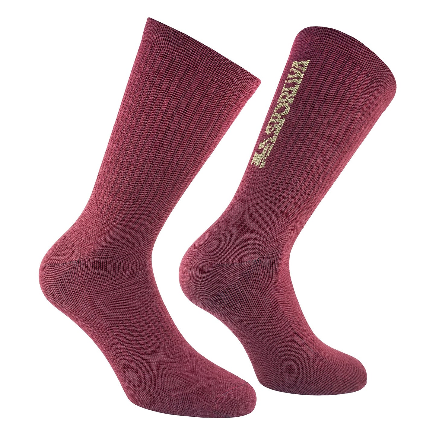 A pair of maroon La Sportiva Outdoor Fun Socks—one upright, one angled—with KINGSHIP in gold on the right, designed as anti-pilling climbing socks for lasting durability and comfort.