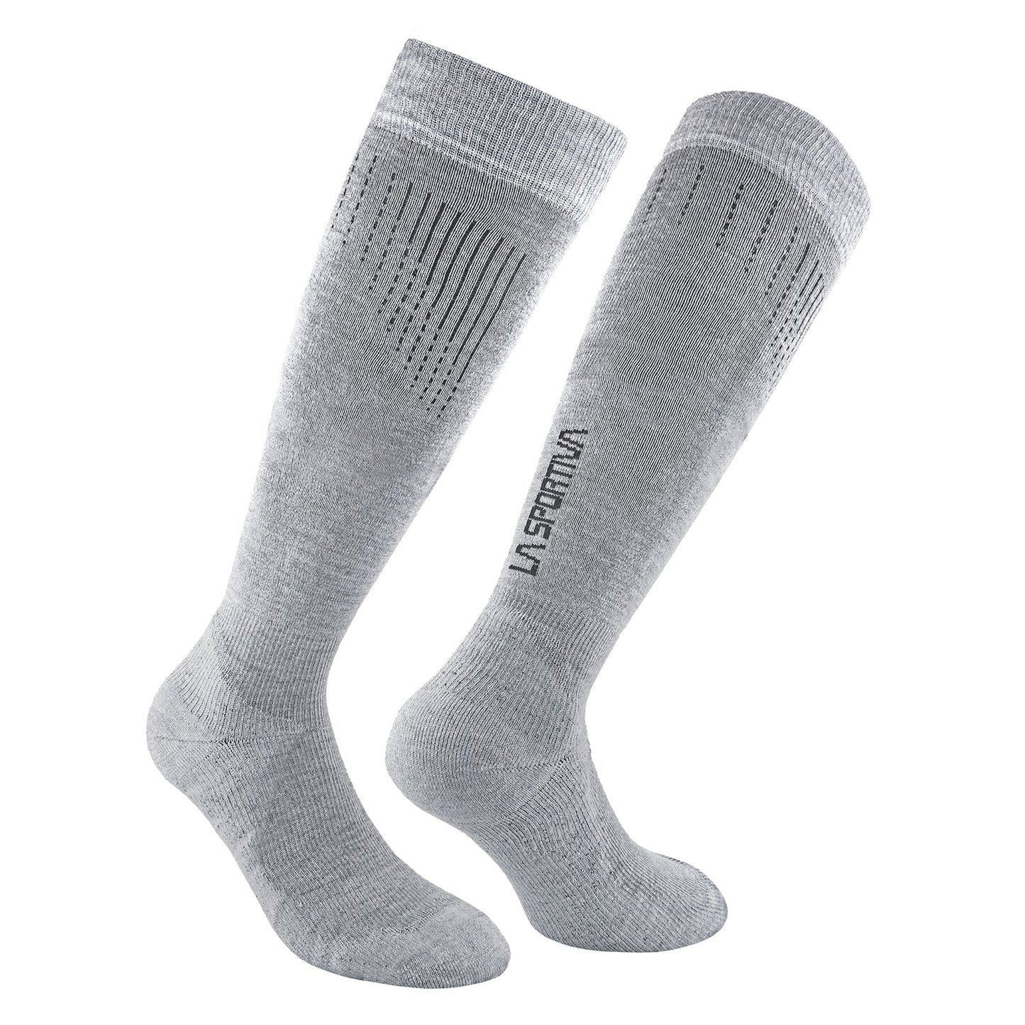 La Sportiva Wool Thermo Socks are light gray knee-high Merino wool socks with ribbed cuffs, subtle vertical patterns, and La Sportiva branding on the side—perfect for warmth and comfort in cold weather.