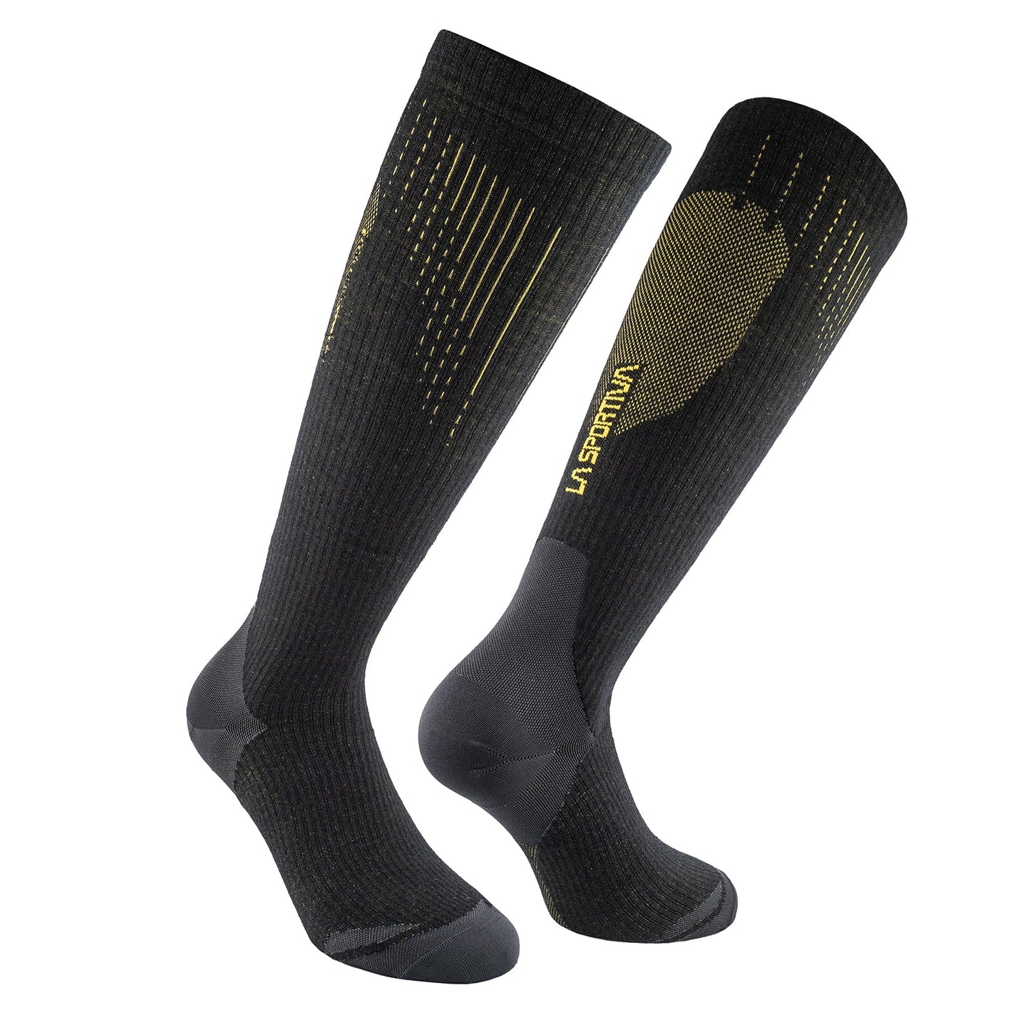 La Sportiva Wool Tech Socks: black knee-high socks with gray heels/toes, yellow vertical lines, and "LASTPAAR" in yellow—high-performance design for ski alpinists.