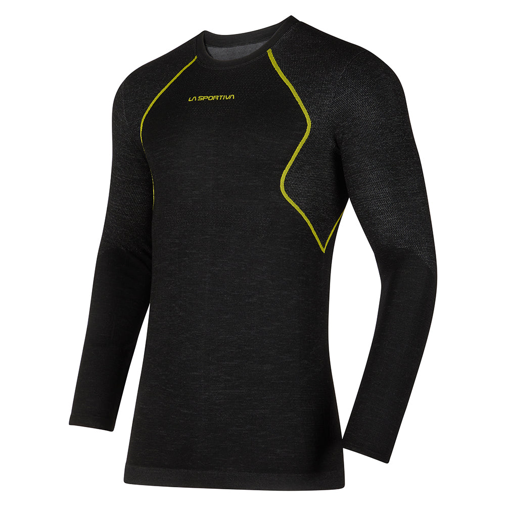 The La Sportiva Wool40 Aero Long Sleeve Men's is a black technical base layer with yellow accents and chest logo, ideal for winter aerobic activities, shown on a white background.