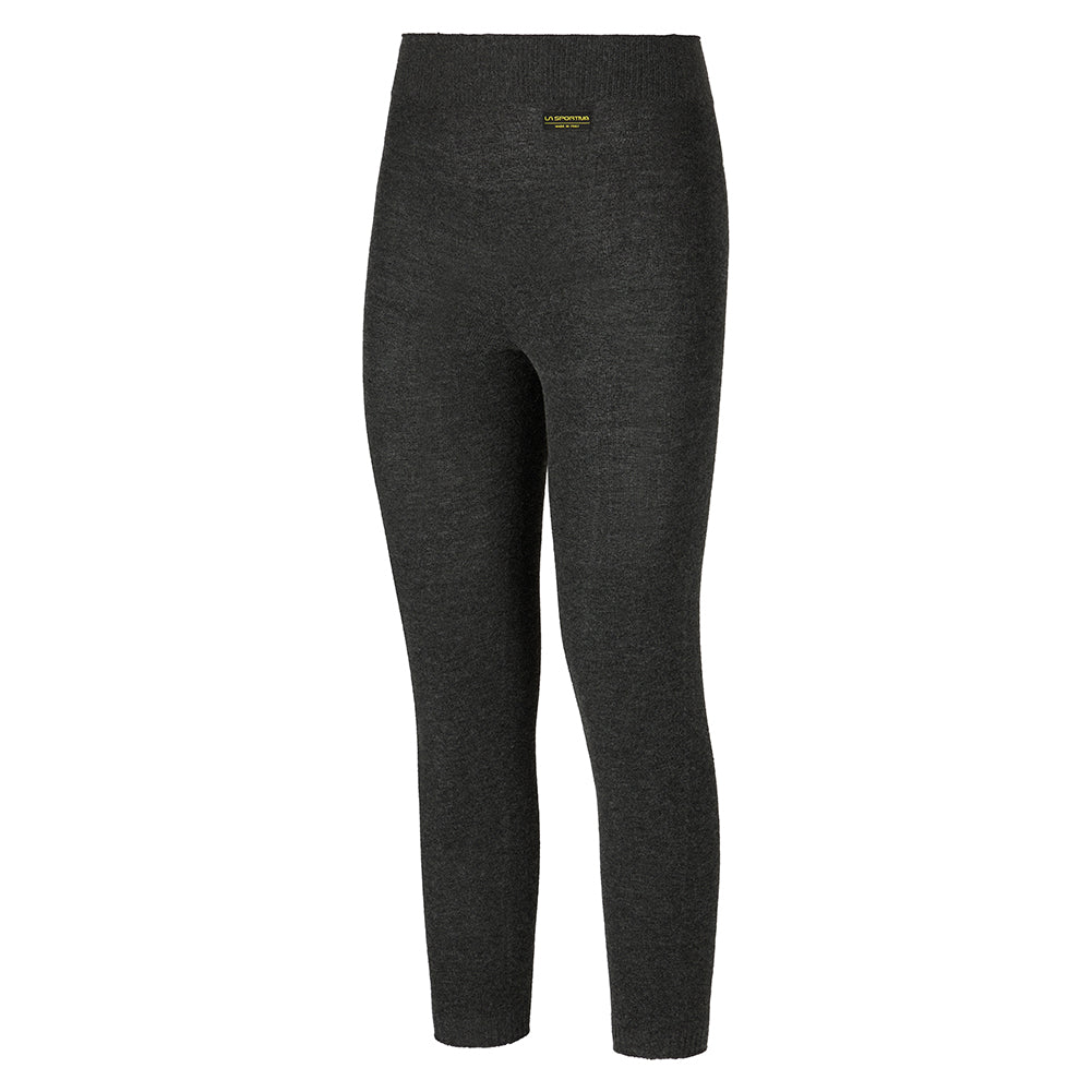 La Sportiva Wool30 Fuse Pants: dark gray, full-length, high-waisted leggings with a fitted design and seamless Native Technology for comfort. Small yellow label on waistband front center. Shown on a plain white background.