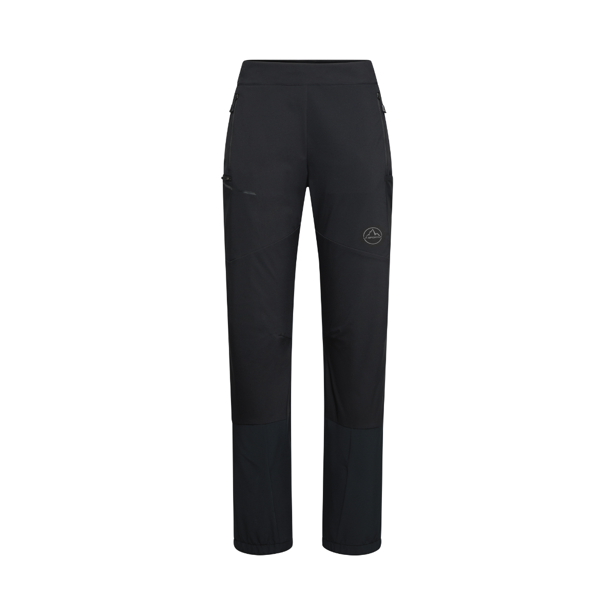 La Sportiva Ikarus Pants Women's in black with a high waist, zippered pockets, and reinforced knees, shown on a white background. These technical ski pants have a small La Sportiva logo on the left thigh.