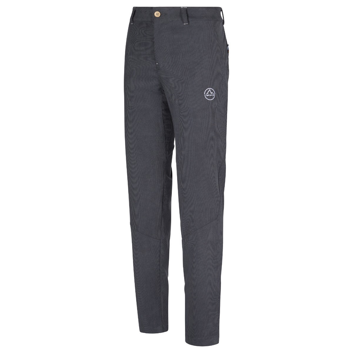 The La Sportiva Setter Pants Women's are dark gray climbing pants with a button and zipper closure, belt loops, side pockets, and a small white logo on the left thigh. They feature a slim fit and straight legs for a sleek women's look.