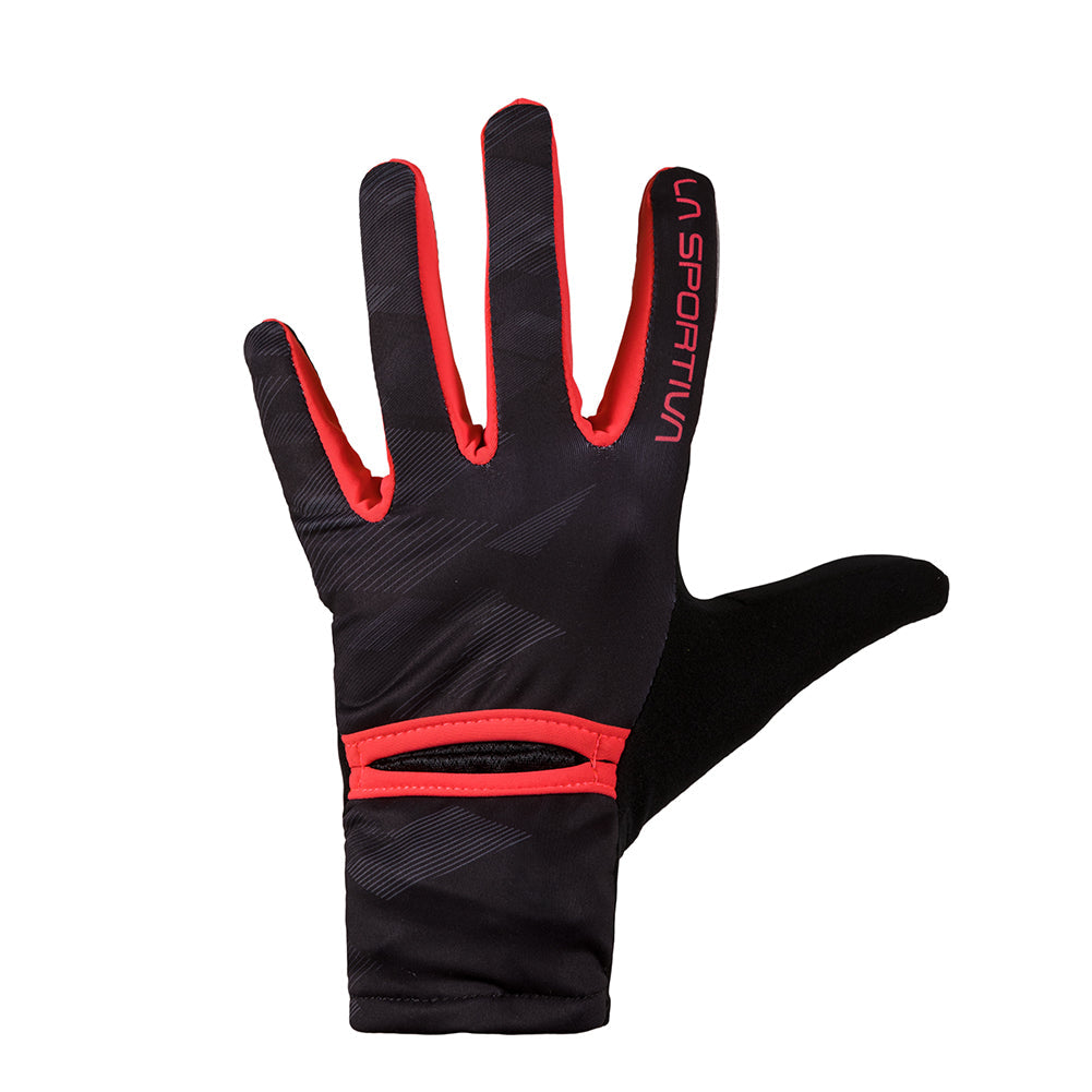 The La Sportiva Trail Gloves Women's is a black and red lightweight, breathable glove with a geometric pattern, "La Sportiva" on the index finger, and a small slit on the back of the hand. Palm forward view with thumb extended.