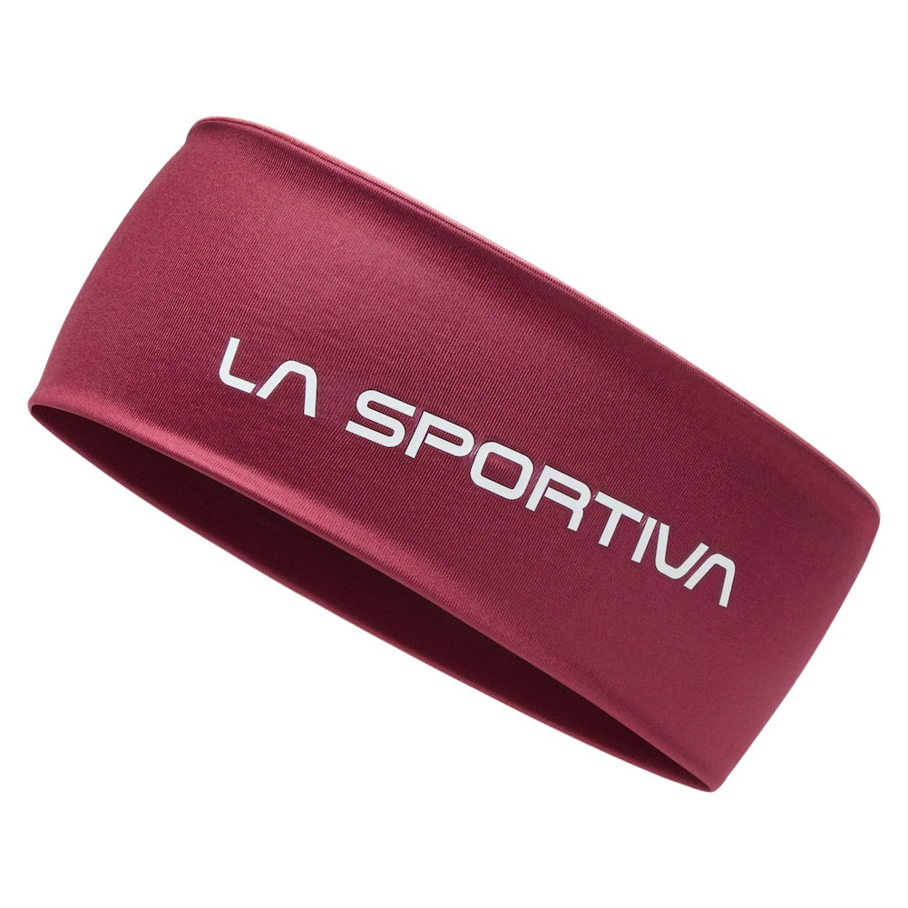 The La Sportiva Fade Headband is a maroon, lightweight accessory featuring white "LA SPORTIVA" text—ideal for training or race day. Shown on a white background.