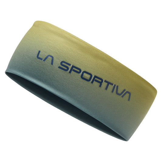 The La Sportiva Fade Headband is a lightweight accessory featuring a yellow-to-greenish-blue gradient and blue "LA SPORTIVA" lettering—ideal for training or racing.