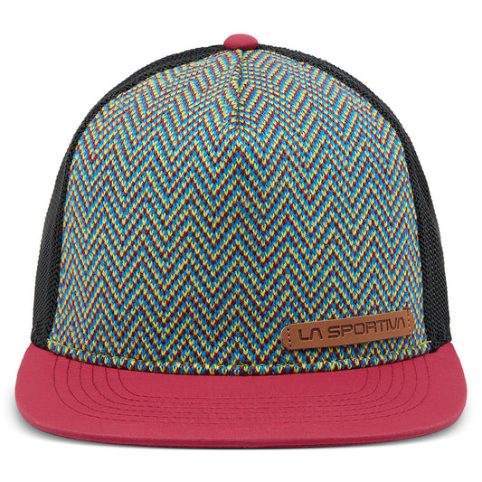 The La Sportiva Moose Trucker Hat features a knitted multicolored zigzag front, red brim, black mesh sides, and a brown La Sportiva tag—perfect for adding color to your outfit.