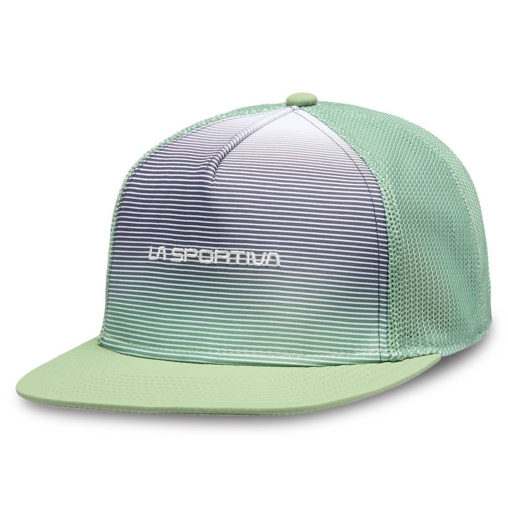 The La Sportiva Fade Trucker is a women's hat in mint green and white with horizontal stripes, a curved brim, breathable mesh panel, and the LA SPORTIVA logo on the front.