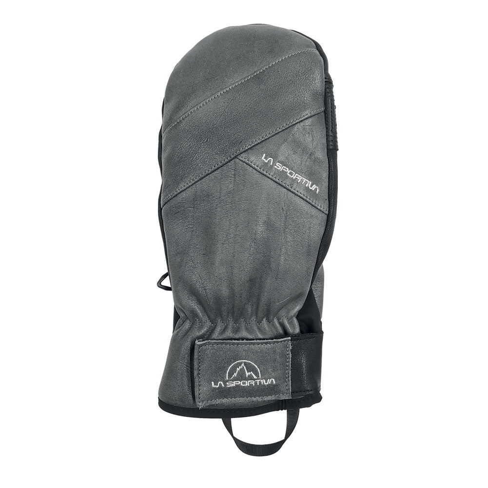 A single grey La Sportiva Free Touring Mitten, insulated with Primaloft and featuring a black wrist strap, distinctive stitching, and the La Sportiva logo on the wrist and back. Waterproof leather shown from the palm side.