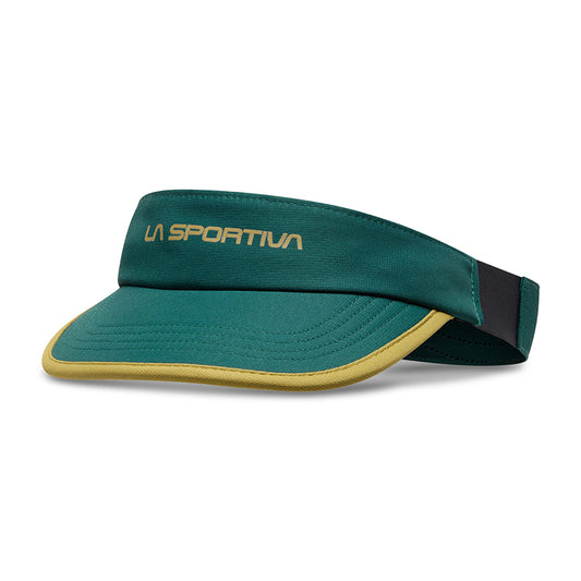The La Sportiva Skyline Visor (2025) is a green and yellow sports visor with LA SPORTIVA in yellow on the front, TurboDry technology, a curved brim, and an adjustable black strap—ideal for trail running.