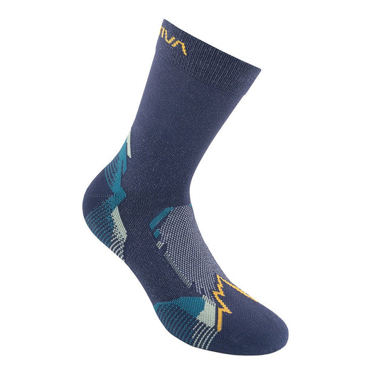 The La Sportiva Hike Tech Socks feature a single navy sock with teal, light blue, and yellow geometric patterns, including a mountain-like yellow line. Made from breathable knit with recycled polyamide for comfort and durability.
