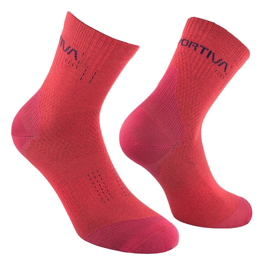 Two red La Sportiva Sprint Trail Socks with a subtle pattern, ideal for short distance runs or trail terrain. "SPORTIVA" appears in black near the top. The image shows both front and side views of the socks at an angle.