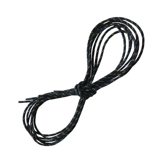 A pair of La Sportiva Shoelaces-Olympus Mons/Spantik Outerboot in black with small yellow spots, neatly coiled in a loose figure-eight shape, displayed against a white background.