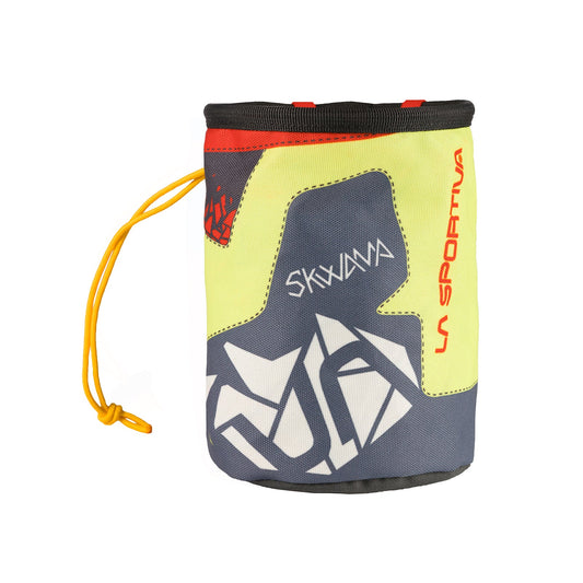 The La Sportiva Skwama Chalk Bag features bold graphics in yellow, gray, red, and black, a yellow drawstring closure, and front branding—ideal for keeping your hands dry while climbing.