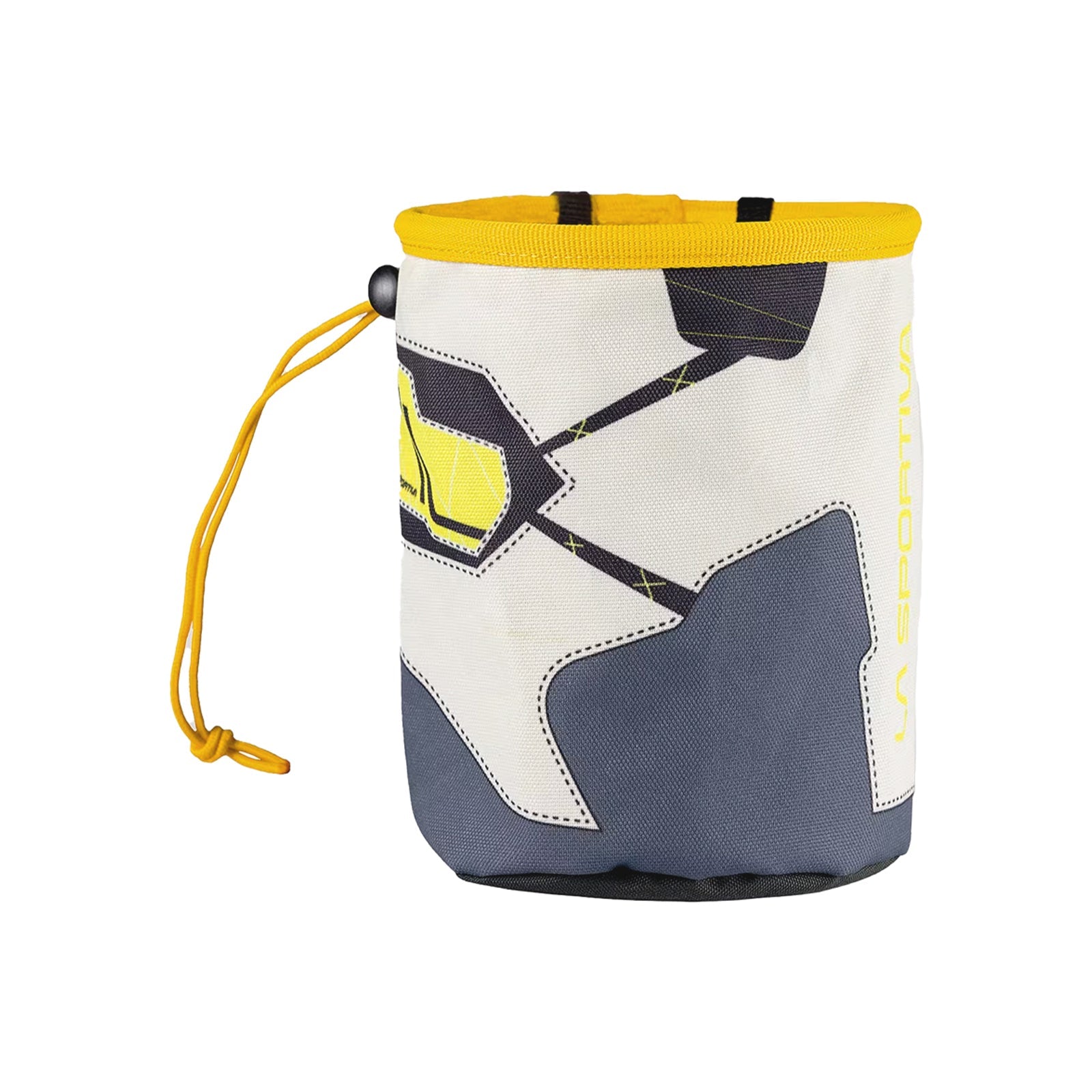 The La Sportiva Solution Chalk Bag is cylindrical with a drawstring closure and clip, showcasing a geometric grey, white, yellow, and black pattern and “SPORTIVA” printed vertically on the side.
