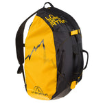 The La Sportiva Medium Rope Bag is yellow and black, features a zigzag mountain graphic, one shoulder strap, top handle, side buckle, zippered compartments—perfect for carrying climbing essentials.