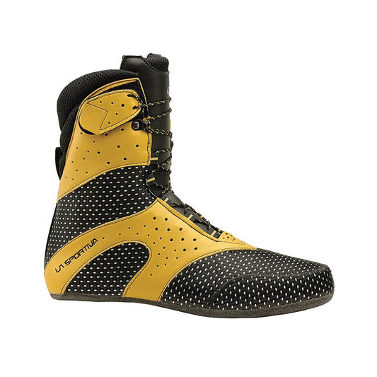 The La Sportiva Spantik Liners are yellow and black mountaineering boot liners featuring perforated details, front laces, and side branding. These lightweight replacement liners offer superior insulation in alpine conditions.