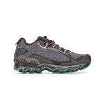 The La Sportiva Wildcat 2.0 GTX Women's (2023) is a black and gray trail runner with turquoise accents, a mesh upper, rugged sole, waterproof Gore-Tex lining, and branding on the side, shown in a side view against a white background.