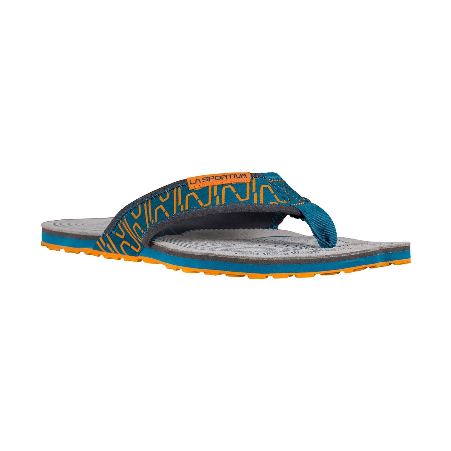 The La Sportiva Swing flip-flop in blue and gray with orange accents features a patterned strap with the La Sportiva logo, offering comfort and grip, shown on a white background.
