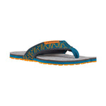 The La Sportiva Swing flip-flop in blue and gray with orange accents features a patterned strap with the La Sportiva logo, offering comfort and grip, shown on a white background.