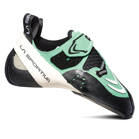 A green, black, and white La Sportiva Futura Women's (2023) climbing shoe with Velcro strap and rubber sole, made for sport climbing and bouldering. The brand name appears on the side; shown against a white background.