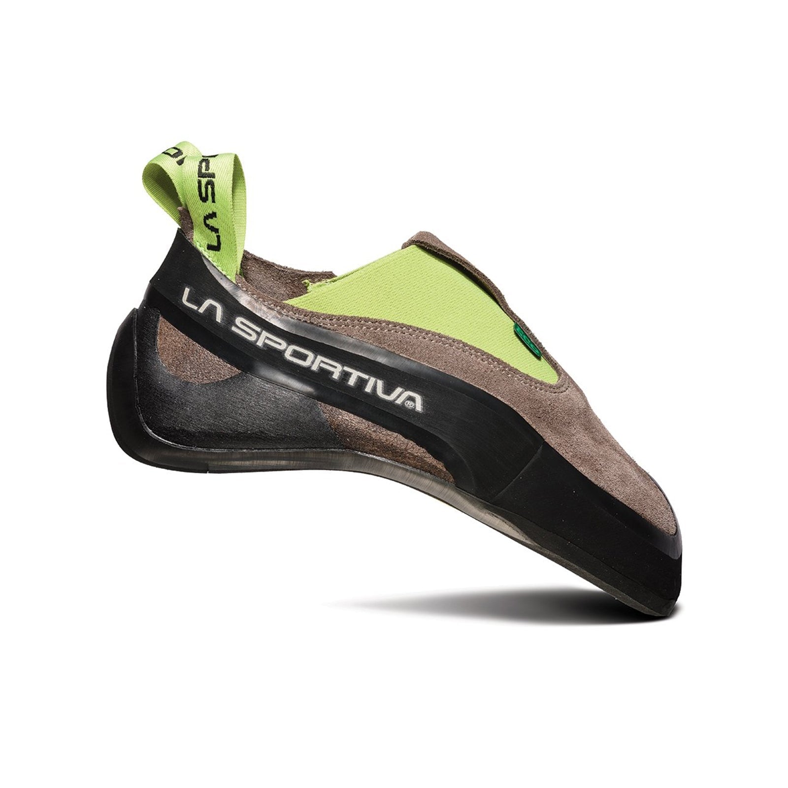 The La Sportiva Cobra ECO climbing slipper, in brown, black, and lime green, is shown in profile on a white background—featuring its curved shape, rubber sole for edging performance, and the La Sportiva logo on the heel strap.