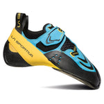 The La Sportiva Futura (2023) is a blue, yellow, and black climbing shoe with Velcro closure, rubber toe, and aggressive downturned No-Edge design for high-performance bouldering and sport climbing.
