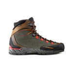 The La Sportiva Trango Tech Leather GTX is a waterproof boot in orange, black, and olive green with a rugged sole and ankle support—ideal for outdoor adventures in wet conditions.