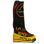 A single La Sportiva Olympus Mons Cube mountaineering boot features a tall black and yellow insulated gaiter, bold branding, and a rugged sole engineered for extreme alpine conditions.
