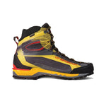 The La Sportiva Trango Tech GTX is a yellow, black, and red high-top hiking boot with mesh panels, reinforced toe, rugged tread, and is designed for technical mountain terrain plus semi-automatic crampon compatibility.