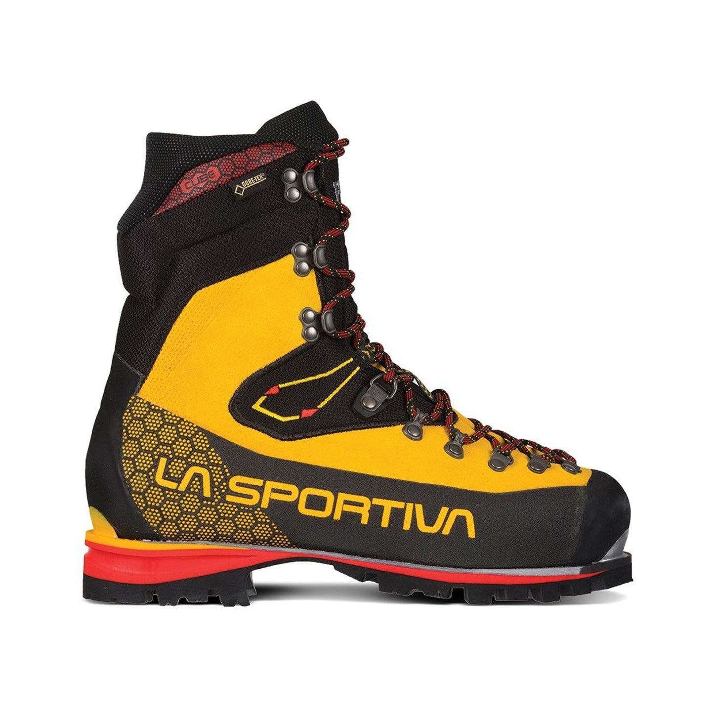 The La Sportiva Nepal Cube GTX is a yellow and black mountaineering boot with red laces, rugged sole, Gore-Tex lining for waterproofing, and prominent La Sportiva branding—perfect for glacier travel.