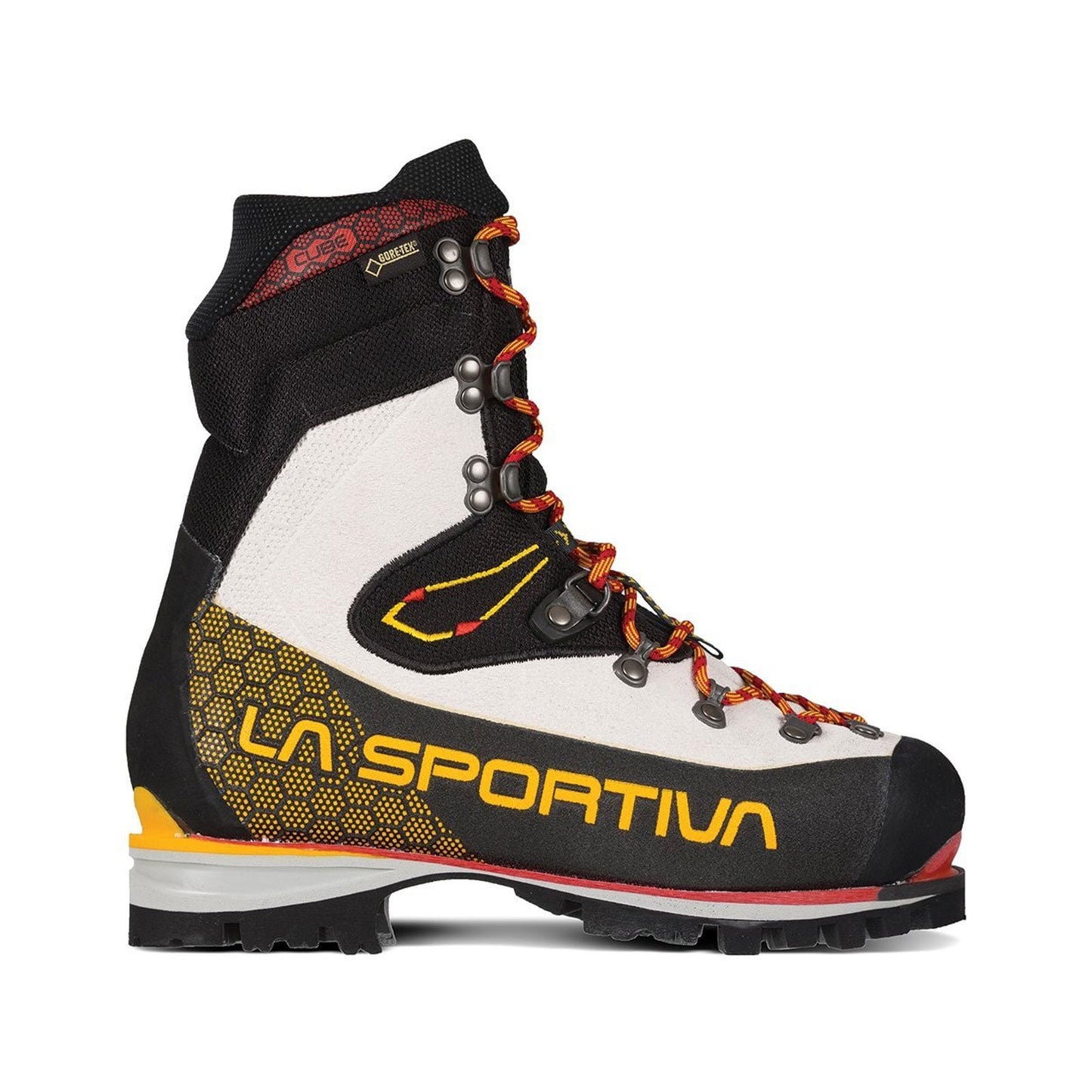 The La Sportiva Nepal Cube GTX Women's is a Gore-Tex mountaineering boot in black, white, and yellow with red and yellow laces, metal eyelets, a rugged glacier-ready sole, and "LA SPORTIVA" in yellow on the side.