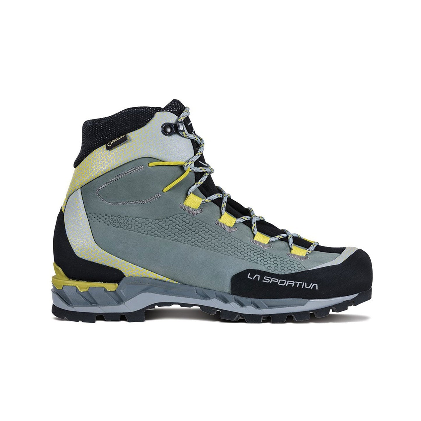The Trango Tech Leather GTX Women's by La Sportiva is a grey and yellow waterproof mountaineering boot with a black sole and light blue laces, shown in profile view; crampon compatible for reliable alpine performance.